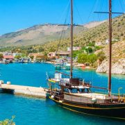 Wooden yacht standing in Greek port, Greece