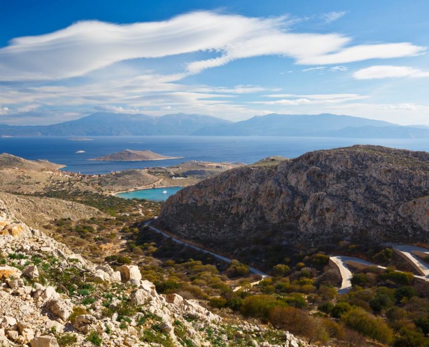 Rhodes island as seen from the hills of Halki island in Dodecanese archipelago